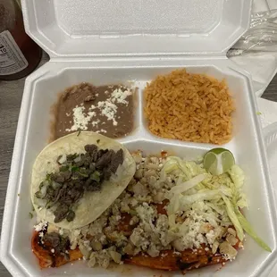 Grilled chicken enchilada with Asada taco and rice and beans