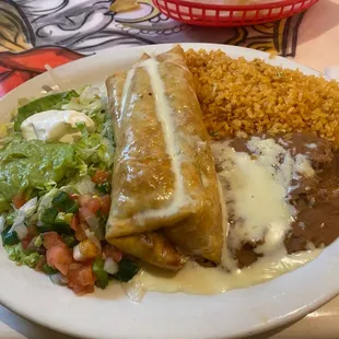 Steak chimichanga with rice and beans