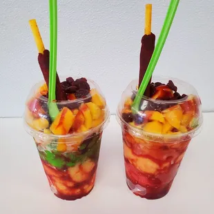 Mangoneadas - right with watermelon and mango sorbet; left with lime and mango sorbet.