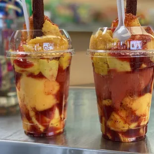 Chamango: chamoy ice cream, mango ice cream, chunks of mango, champú, Tajín chili powder, and tamarind straw.
