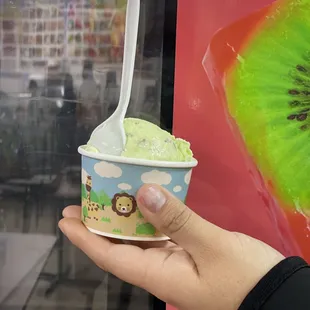 Kid sized pistachio ice cream