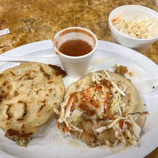 Loroco (squash blossom) and cheese popusa, the one without cabbage mixture.  Bean and cheese popusa with cabage and salsa.