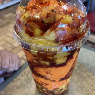 Mangonada... fresh mango chunks , sherbet rice cream, and a bunch of deliciousness.