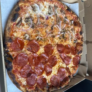Half pepperoni/half onions and mushrooms