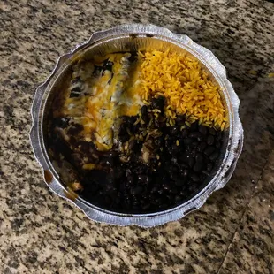 Cheese enchiladas with black beans and rice