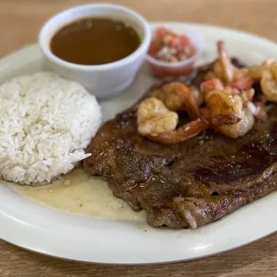 $25.37 Steak and Shrimp w/ two sides rice and pinto beans