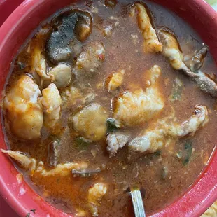 Molcajete beef, chicken, mushrooms Mexican stew.