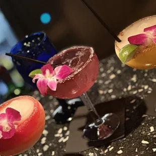 Strawberry slushy margarita, on the rock&apos;s strawberry margarita and mango margarita.