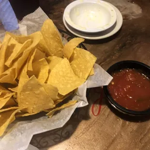 Chips and salsa and an empty bowl of cheese dip.