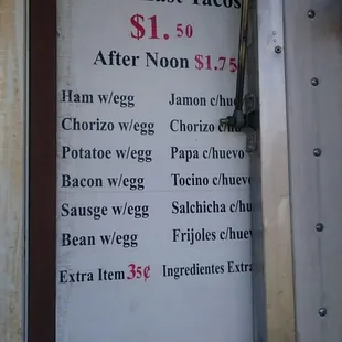 a menu for breakfast tacos