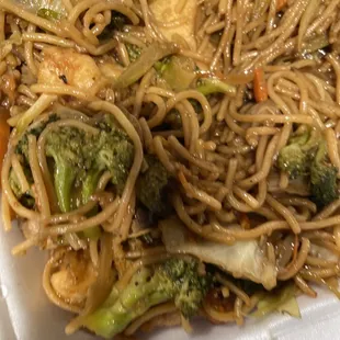 Over cooked spaghetti noodles passing for lo mein noodles. And very salty.