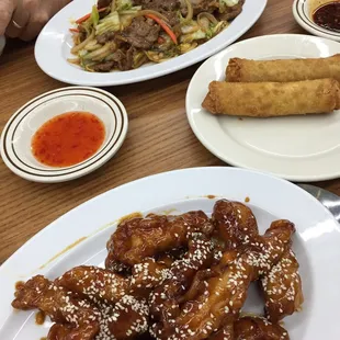 Sesame chicken and beef with vegetables. Comes with rice.