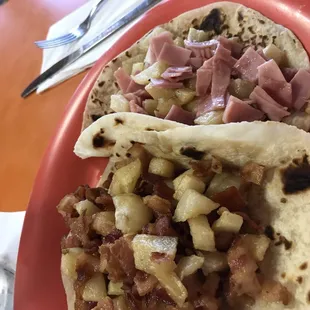 Bacon with potato taco and ham and potato taco
