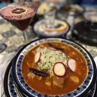 Pozole and roja drink