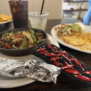 Steak fajitas with rice and beans. Cadillac margarita, Diet Coke &amp; chips.