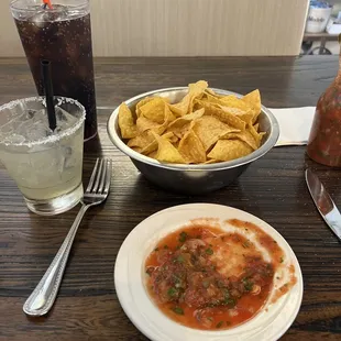 Combination of the salsas, Cadillac margarita, &amp; Diet Coke.