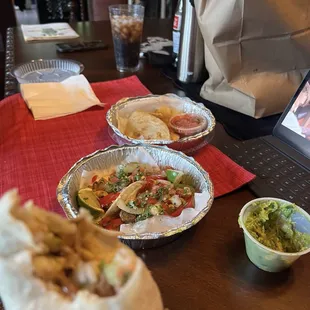 Veggie tacos, veggie quesadilla, chips and guac