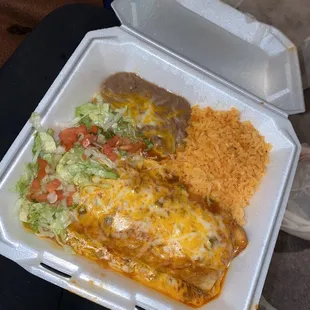 a meal in a styrofoam container
