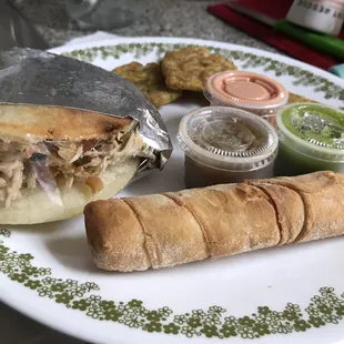 Chicken arepa, Patacones, Tequenos