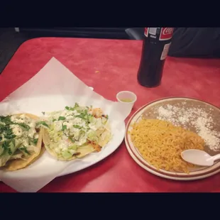 Shrimp Tacos w/ rice and beans.