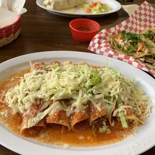 Enchiladas. Light sauce with a lot of flavor. Chicken was moist and flavorful. The Cotija adds a nice kick
