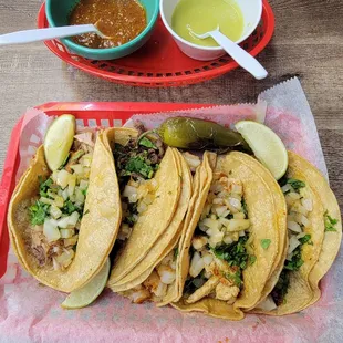 Tacos: carnitas, steak, shrimp, chicken and chorizo