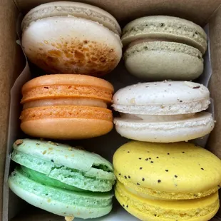 (From left to right, top to bottom) Creme Brûlée, Matcha Guava, Passionfruit, Almond, Pistachio, Lemon Poppyseed