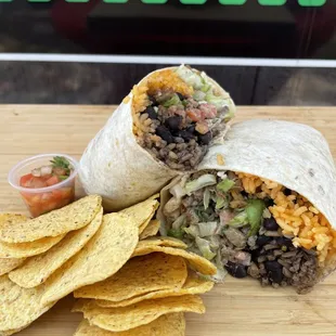 1lb Burrito. Yes it really is that big with all the toppings!! Great portion of food for a great price. 
(Also available as a bowl)