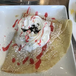 Blueberries, Whipp, Strawberry Sauce Crepe