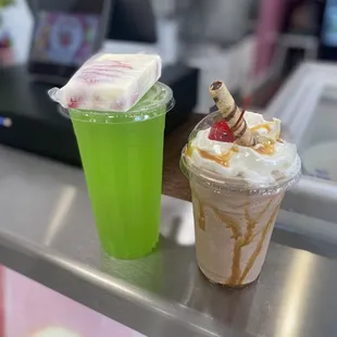Chocolate milkshake, limon agua fresca and strawberries and cream ice cream popsicle.