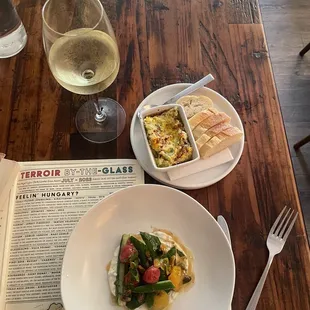 Cucumber salad and zucchini dip. Riesling wine