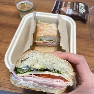 French Club sandwich (roast beef, Turkey, ham, emmental cheese, avocado, tomato, lettuce, aioli on ciabatta) - office lunch catering