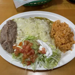Chicken Enchiladas-Beans-Rice
