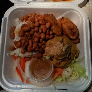 All sides for dinner - mofongo, platano, beans, rice