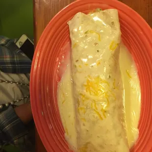 The Stuffed Burrito with Cheese Dip on top! Stuffed with anything imaginable!