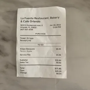 Receipt for expensive arepa. Highly overpriced. And then a service charge on top of the fact that I didn't even dine in.