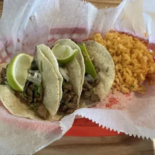 Steak street tacos and Mexican rice