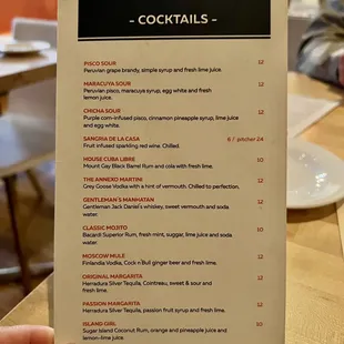 Cocktails menu
