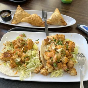 Beef samosa and chicken tacos