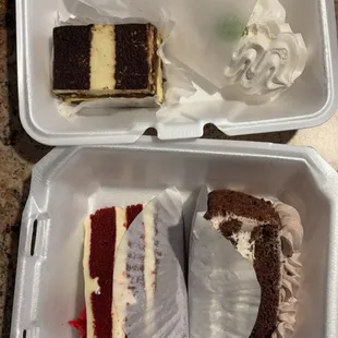 Tiramisu, red velvet cake, chocolate almond cake, meringue
