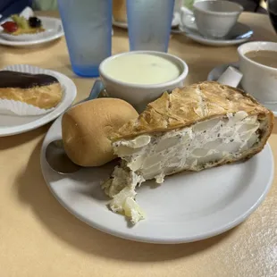 Potato pie with potato soup and an eclair for desert