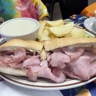 Ham sandwich with cream of potato soup
