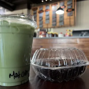 Iced lavender Matcha Latte and chocolate Brownie