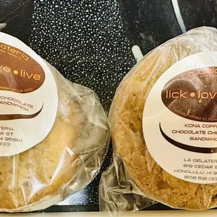 Kona coffee and chocolate chip cookie sandwiches