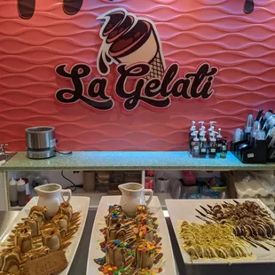 Lotus &amp; rainbow pebbles sushi crepes, pistachios &amp; Ferrero waffles