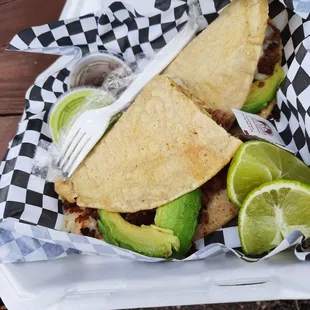 Carne asada and al pastor quesedilla (half &amp; half mixed together) with just avocado, no grilled or raw onions or cilantro.