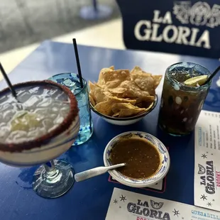 Margarita de la Casa, Chips and salsa,  and ice tea