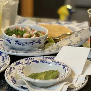 plates of food and drinks