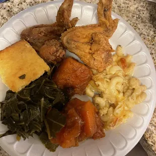 Collard Greens, Mac and Cheese, yams, Fried Chicken White