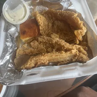 Large 2 Piece Catfish Dinner. Wasn't evenly breaded but still good anyway.